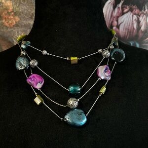 Faux Colorful Stone Beaded Silver Chain Necklace